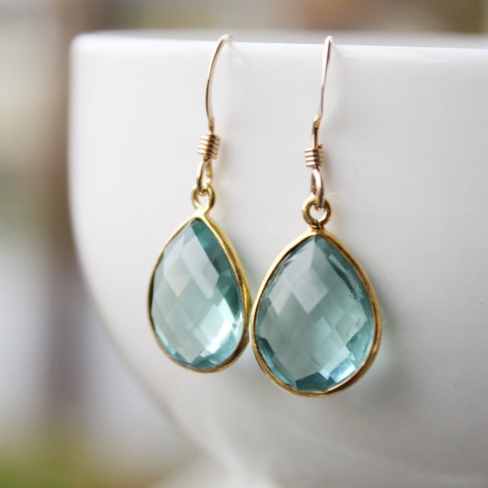 Simple Teal Blue Quartz Teardrop Earrings - Gold Filled - Aqua Blue, Something Blue