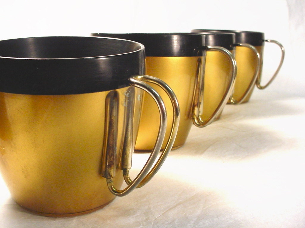 Vintage Atomic Eames Era 1960s Thermal Coffee Mugs with Metal Handles