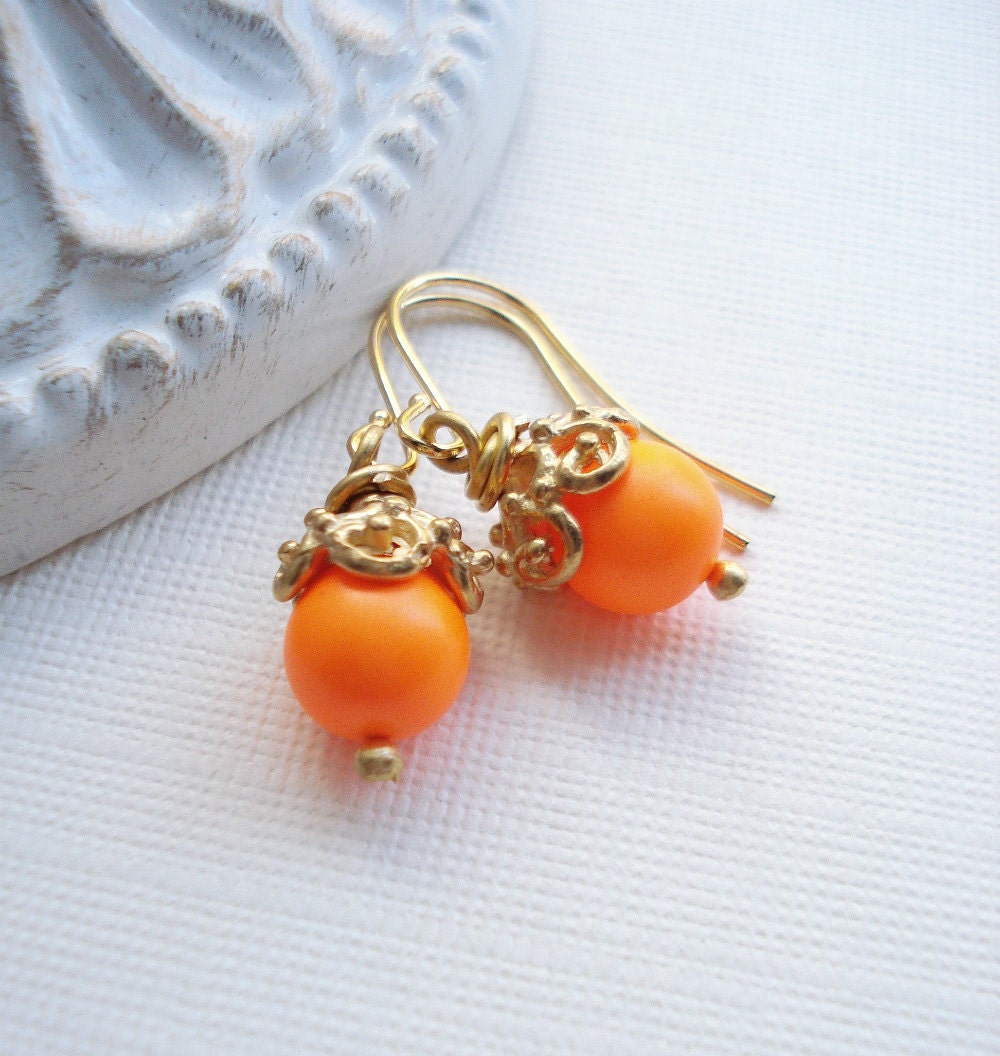 Neon Orange Drop Earrings In Gold, Trendy Neon, Hot Orange Earrings. Modern, Gold Earrings