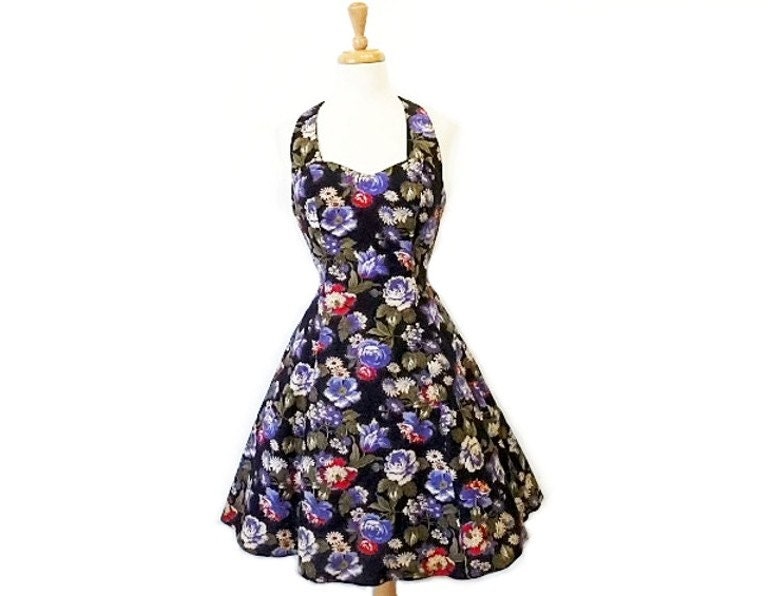 Vintage 80s Cotton Dress, Halter dress, Sweetheart Rose Floral Print, Mini Dress, Steppin Out , Garden Party Summer Dress Size S