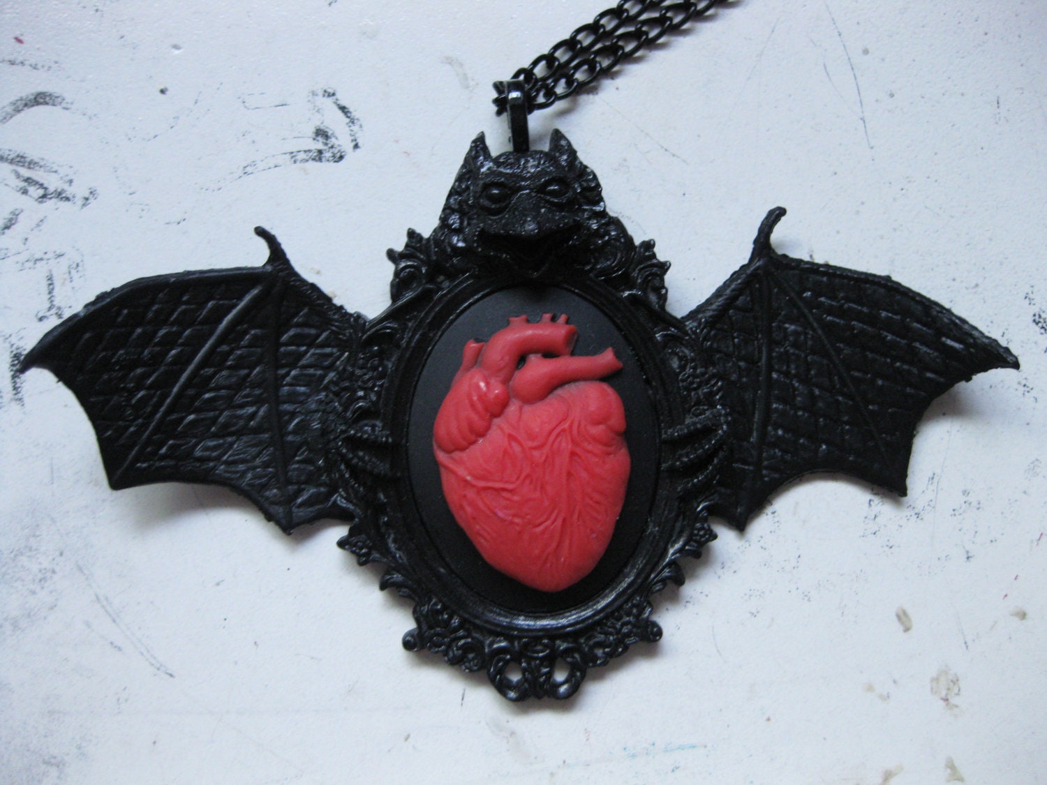Anatomical Heart Bat Wing Gargoyle Necklace
