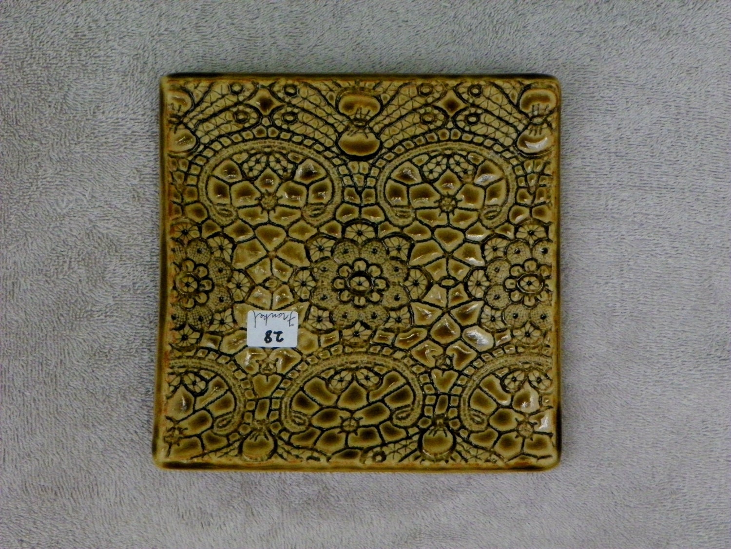 Amber, ceramic, square plate.