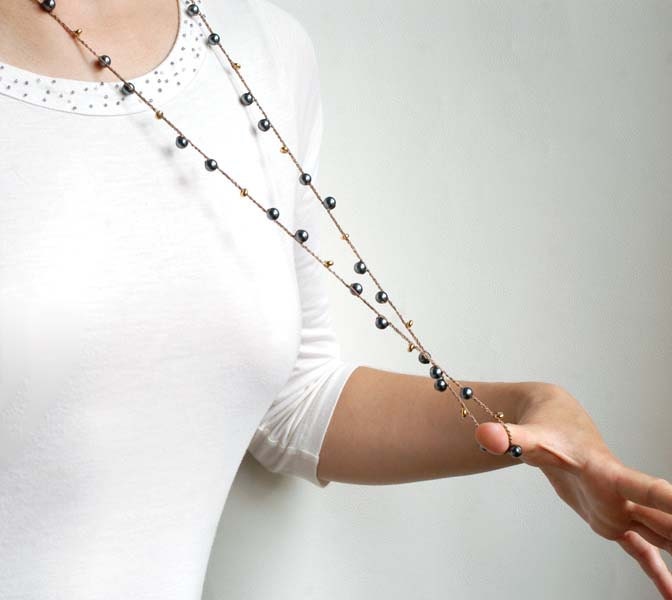 Upcycled crochet necklace gray golden beads bracelet head accessory boho neutral minimalist