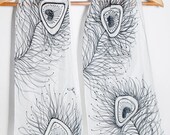 READY TO SHIP Hand Painted Silk  Cotton Scarf  Peacock Feathers White and Black 9  X 55  Fashion Present Luck Love