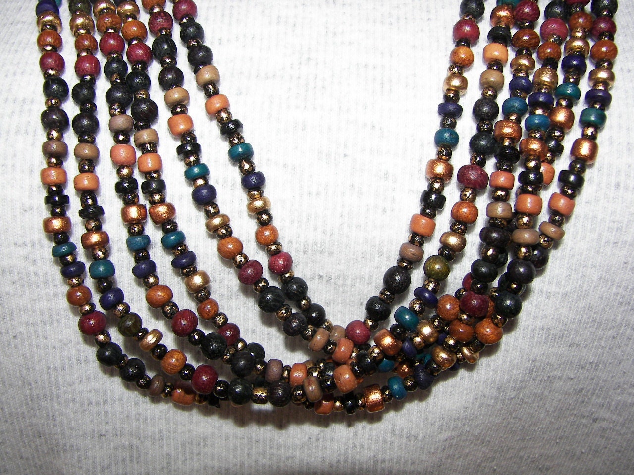 Multi Strand LOng necklace wooden beads Brown Bronze Gold New old Stock Fall colors on SALE