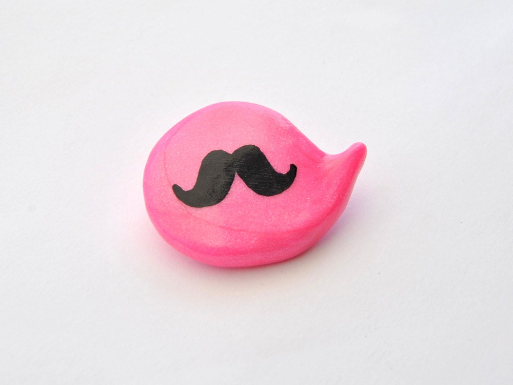 Mustache hot pink polymer clay brooch pin