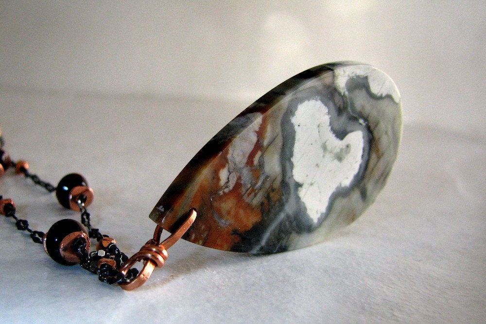 Jasper Necklace, Natural Stone Pendant, Tiger Eye Gemstone, Copper, Bold, Statement, Black Sterling Silver - Snowy Heart