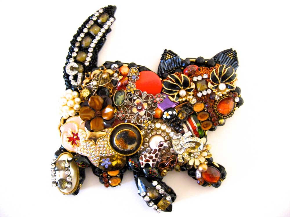 Vintage Jewelry Collage Sculpture Nibbles the Kitten Decorative Art