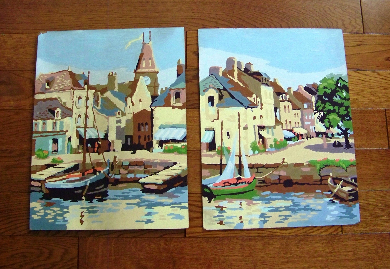 Pair of vintage Paint by Numbers Boat Provincial Quaint Town Venice Canals