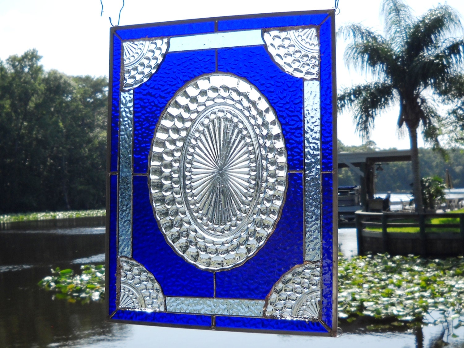 Depression Glass Stained Glass Plate Panel Blue Bubble Hocking Glass 1930s