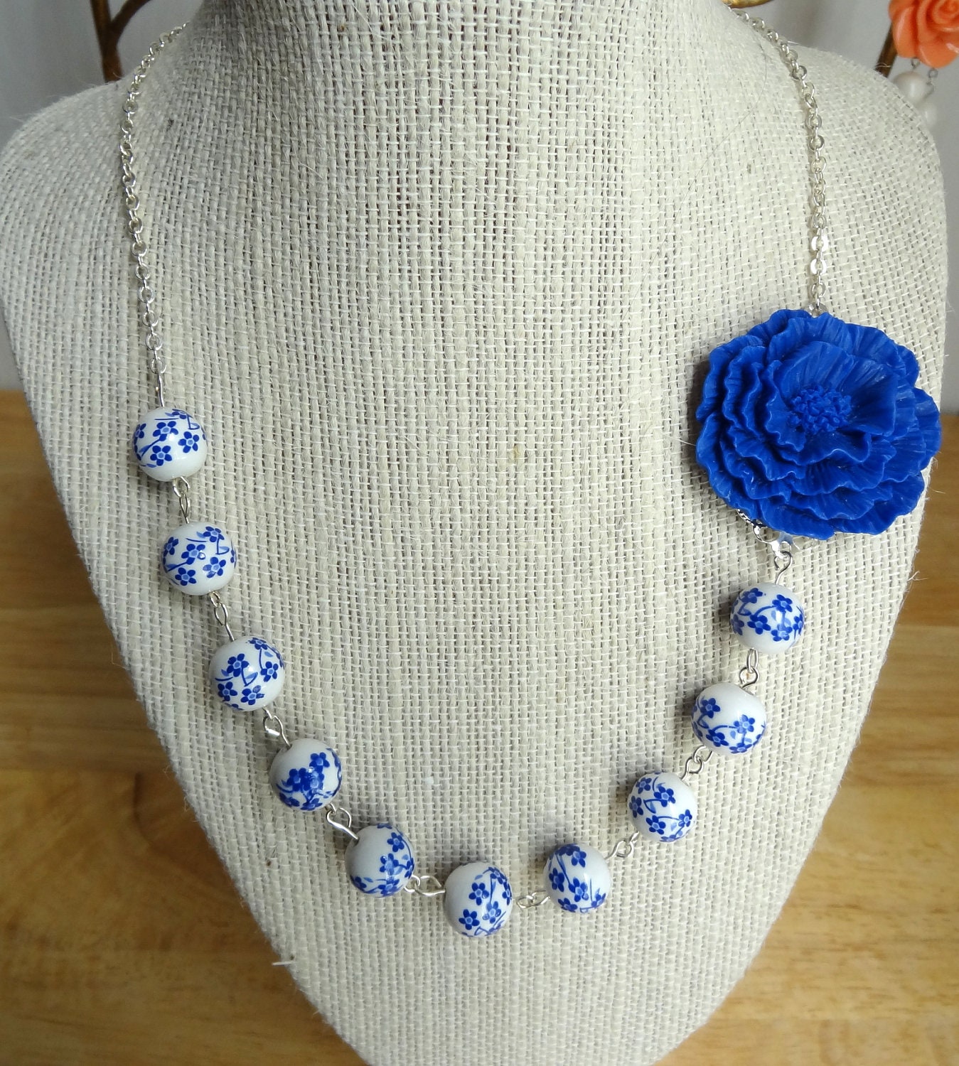 Cobalt Rose Asymmetrical Bridesmaid Bridal Flower Floral Statement Necklace Swarovski Ivory Pearls Silver Cable Chain Gift Handmade