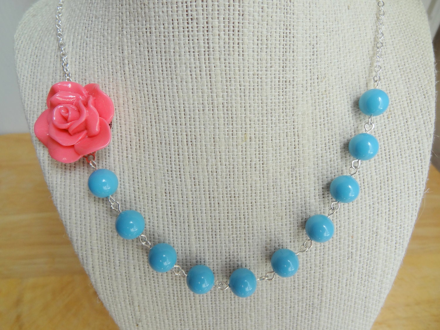 Pink Rose Asymmetrical Bridesmaid Bridal Flower Floral Statement Necklace Swarovski blue Pearls Silver Cable Chain Gift Handmade