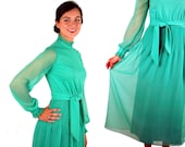 1960s formal dress, long green dress, crystal pleats, high neck, sheer sleeves, chiffon dress