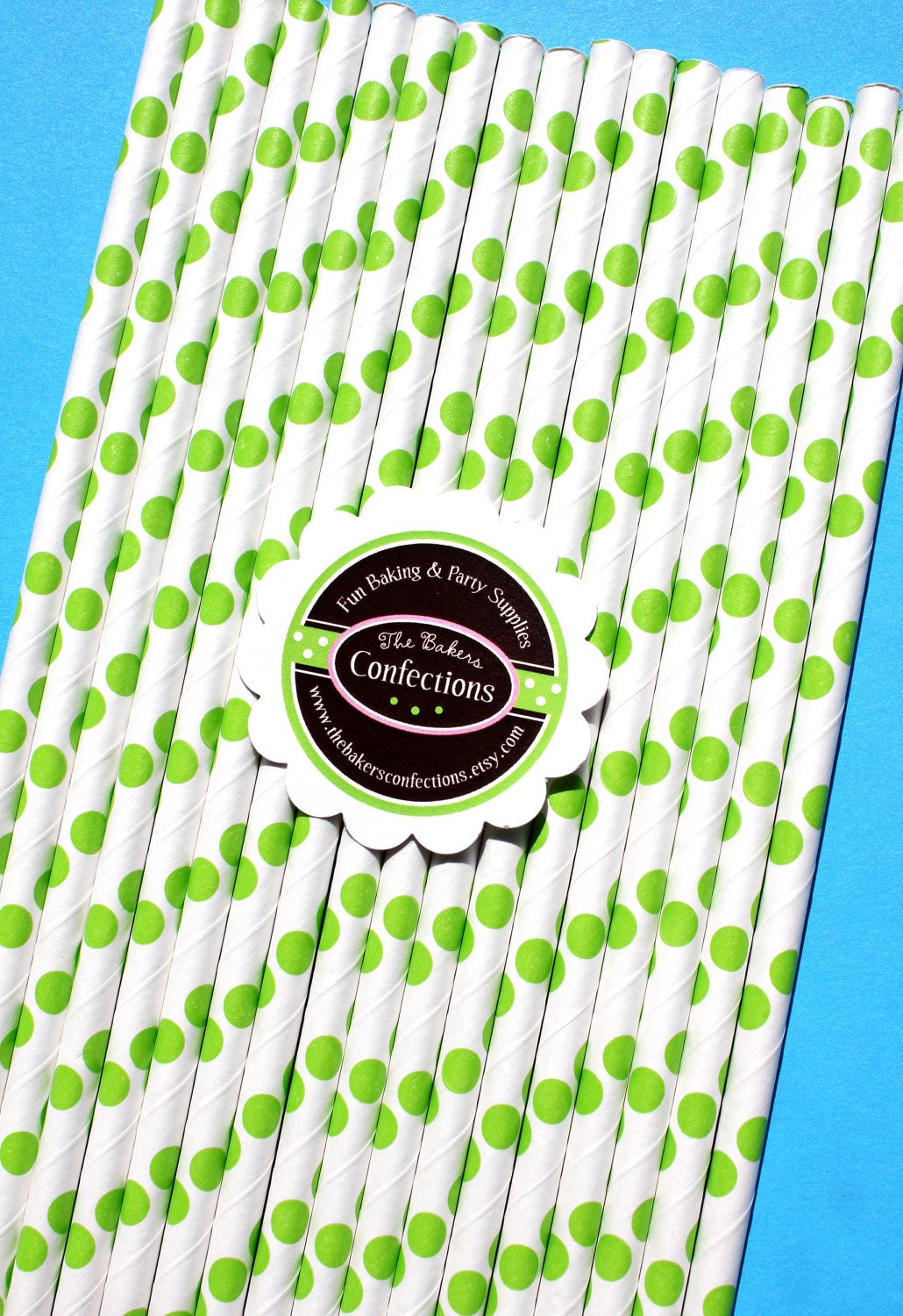 Deep Lime Paper Straws in Polka Dots - with Printable DIY Flag Toppers & Pixie Stix Recipe (30 count) Use for Cake Pops and Drink Markers
