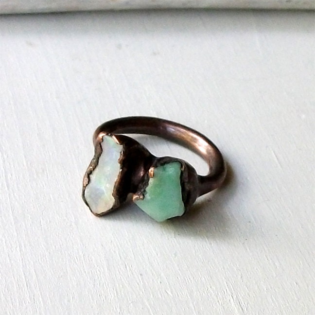 Copper Chrysoprase Opal Ring Unique Emerald Pale Caribbean Green Handmade Organic Raw Modern