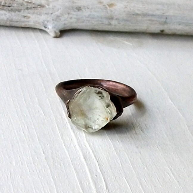 Copper Ring Beryl Pale Mint Green Gemstone Rough Mineral Stone Crystal Artisan Handmade