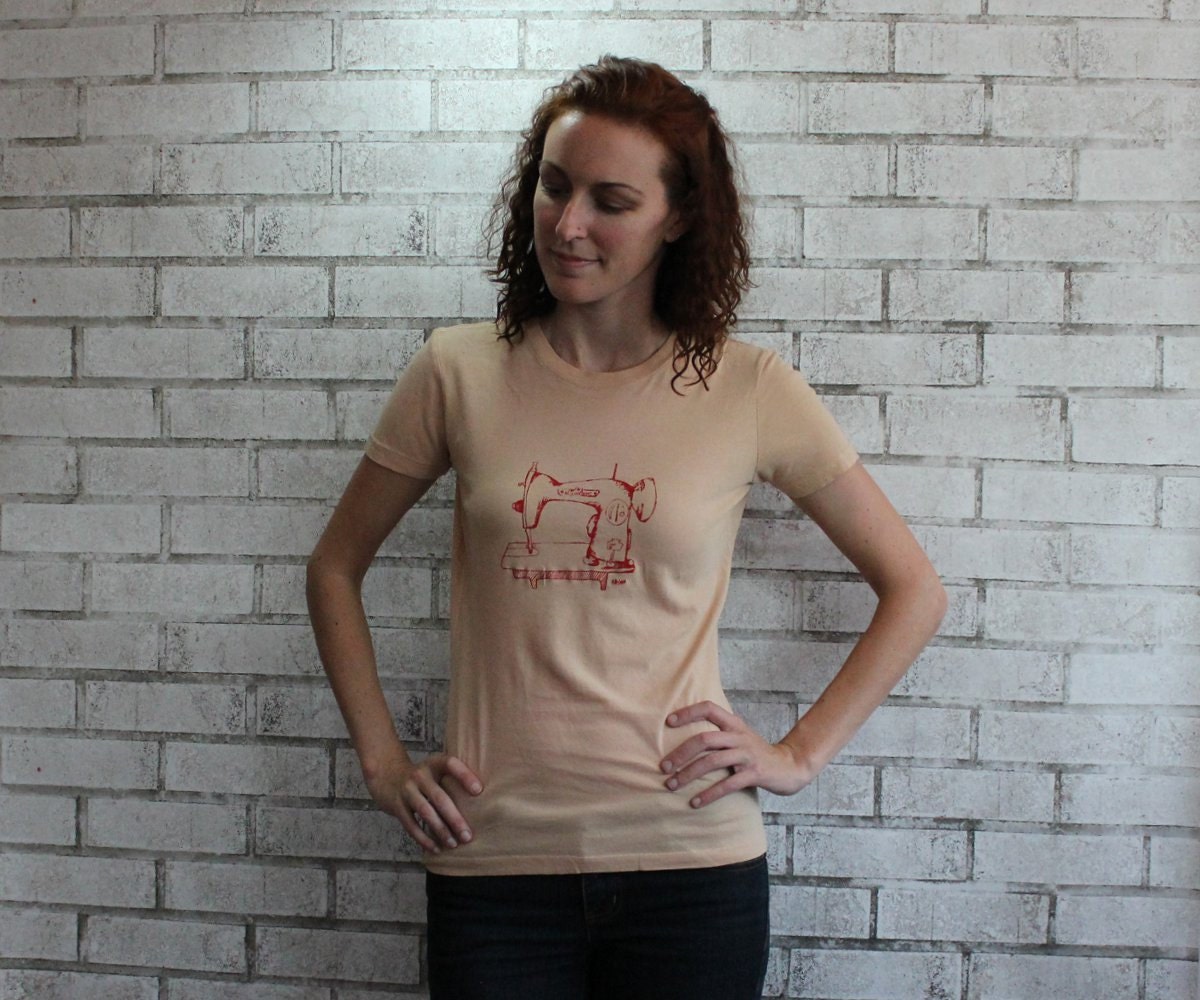 Sewing Machine Tshirt, Womens Cotton Crewneck Tee Shirt in Peachy Tan or Custom Colors