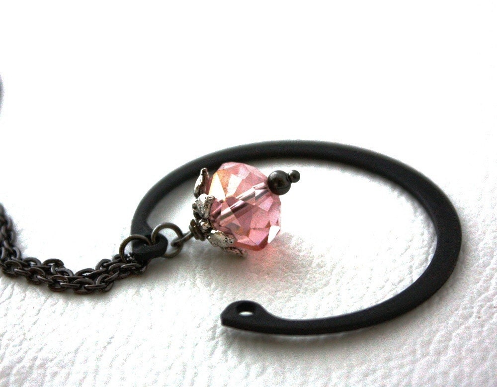 Rustic Necklace : Hardware and Pink Glass Metal Modern Necklace