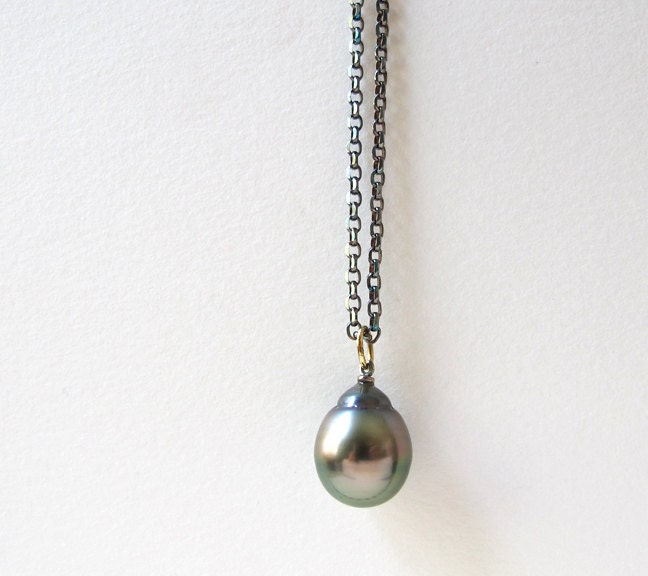 Pistachio Tahitian Pearl Minimal Pendant Necklace 18k Sterling