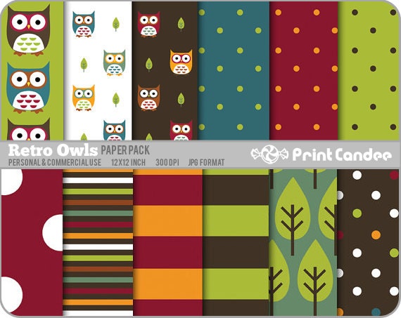 Retro Owl Paper Pack (12 Sheets) - BUY 2 GET 2 FREE - Personal and Commercial Use - green blue maroon orange white dots stripes