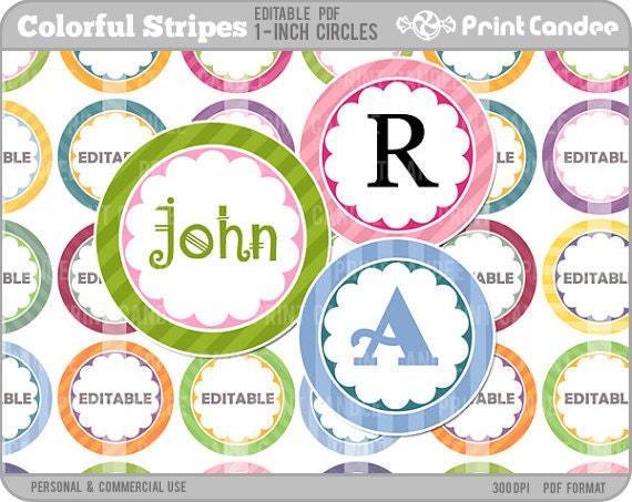 1 Inch - Editable PDF (4x6) - Colorful Stripes & Scallops Digital Collage Sheet (No. 201) - Buy 2 Get 2 Free - 1 Inch Circles