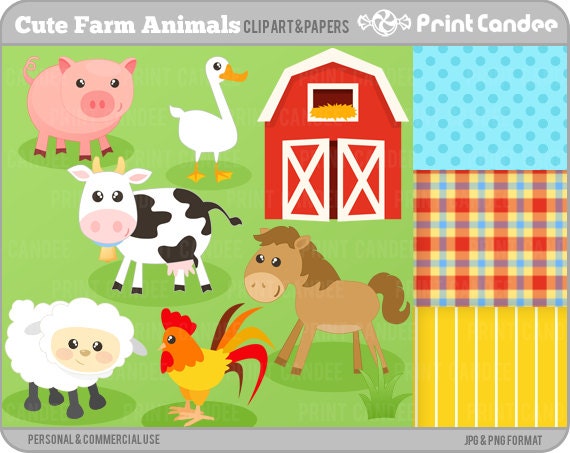 Cute Farm Animals - BUY 2 GET 2 FREE - Digital Clip Art - Personal and Commercial Use - barnyard animals cow barn rooster horse pig