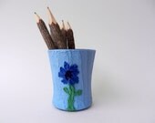 Pencil Holder / blue pen cup / botanical Office Decor / flower art / stained concrete