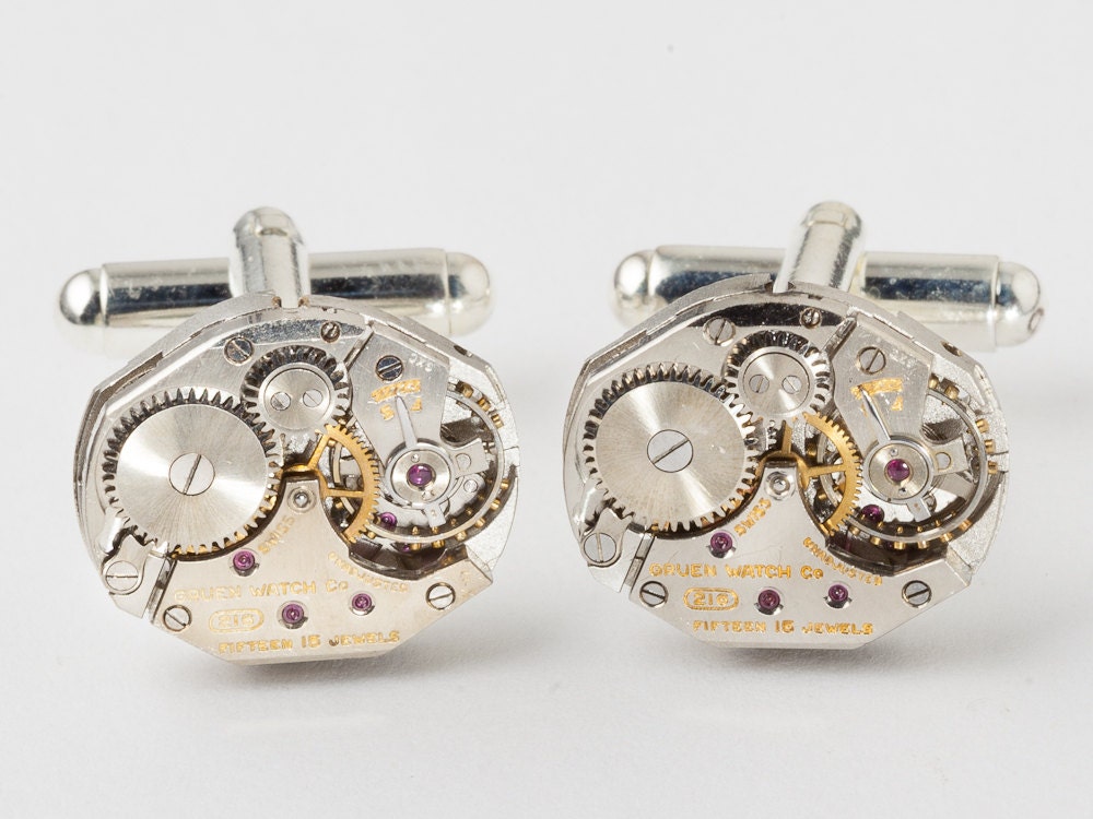 Steampunk Cufflinks Vintage Gruen watch movements wedding anniversary Grooms Gift silver cuff links men jewelry by Steampunk Nation 1859