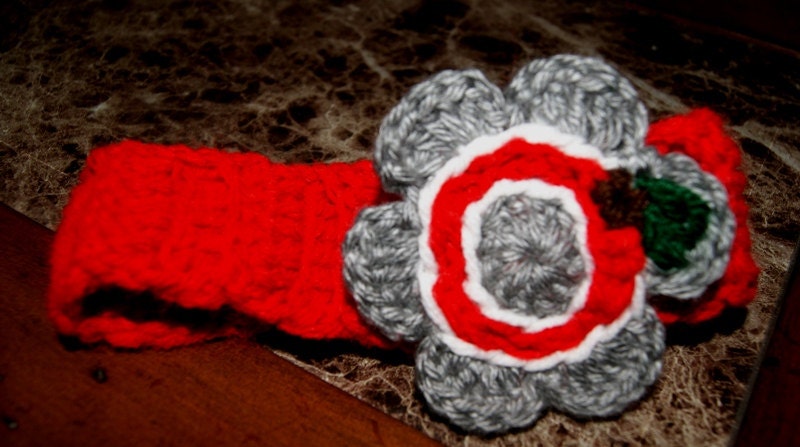 Fall and Winter Fashion Headband, OSU/ Buckeye /Handmade Ohio State Headband with Crocheted Flower / Any Size Headband / Grey Red Earwarmer