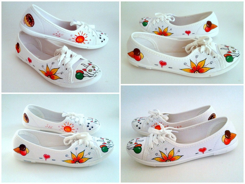 Hand Painted Pumps / Sneakers - Kitty Loves balloons Whimsical design - UK 4/ US 6.5 /EU 37
