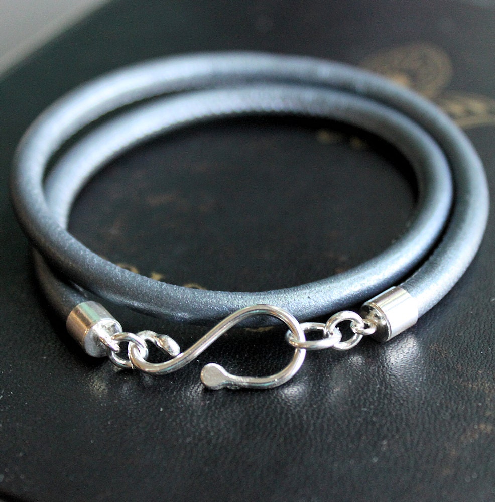 Gray Leather Wrap Bracelet Sterling Silver Hook Custom Sized