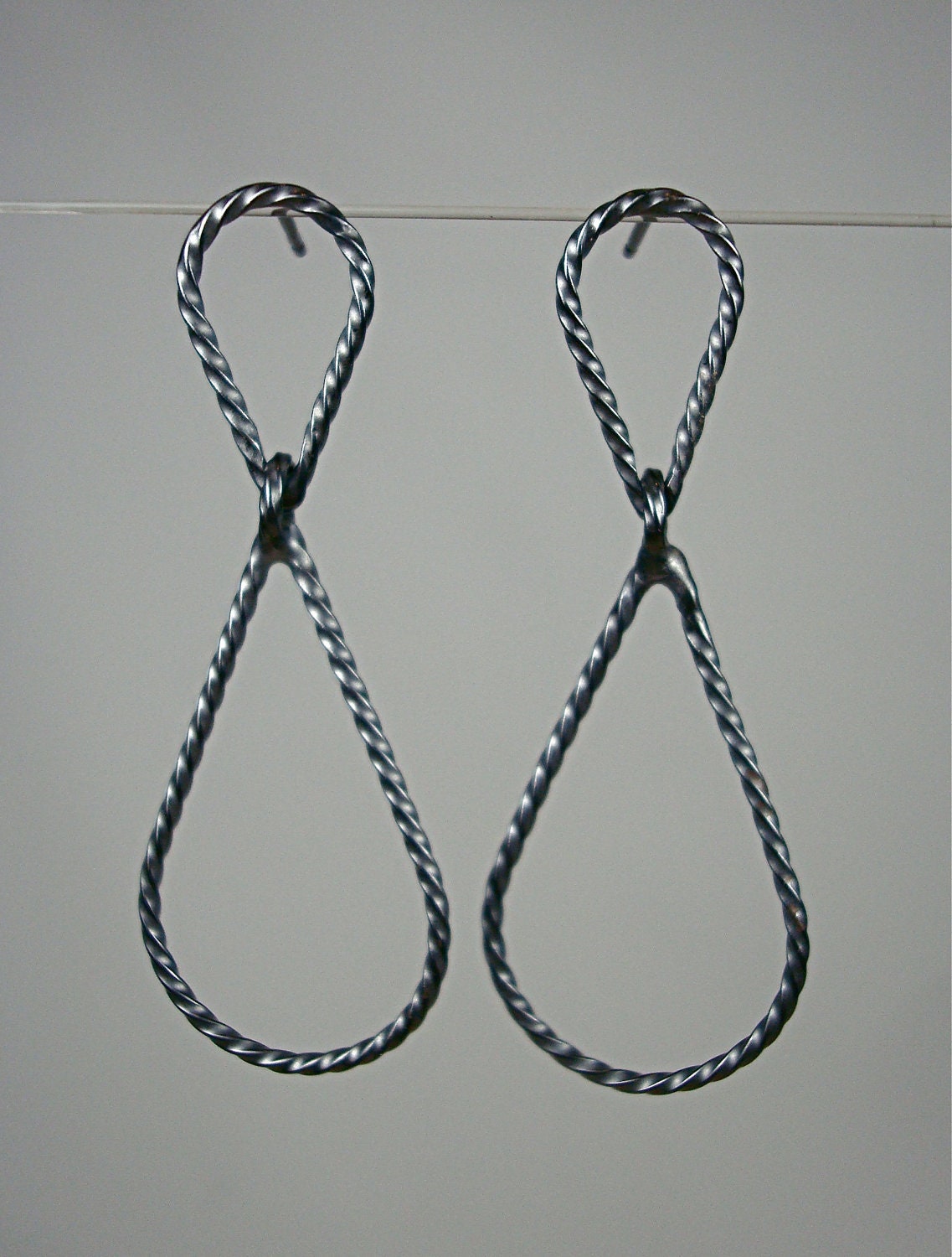 Black silver twisted wire 'Line Drawing' double teardrop  earrings