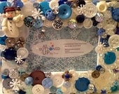 RESERVED For Tina - Snowman Themed Button Picture Frame in Blue & White with Icy Winter Crystals for 4"x6" photo