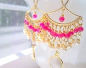 Gold Chandelier Earrings Bridal Bollywood Hot Pink Pearl Moonstones by MinouBazaar
