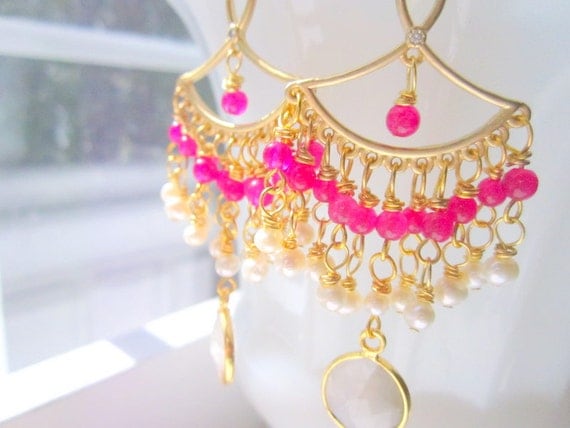 Gold Chandelier Earrings Bridal Bollywood Hot Pink Pearl Moonstones by MinouBazaar