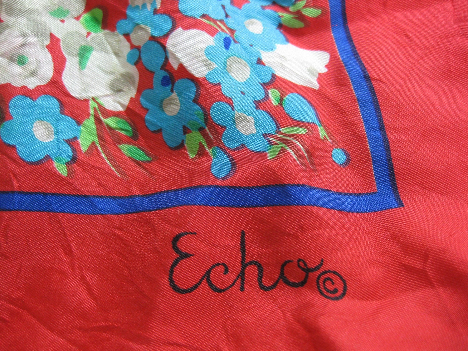 Vintage Silk Scarf by Echo - Red with Blue and White Flowers