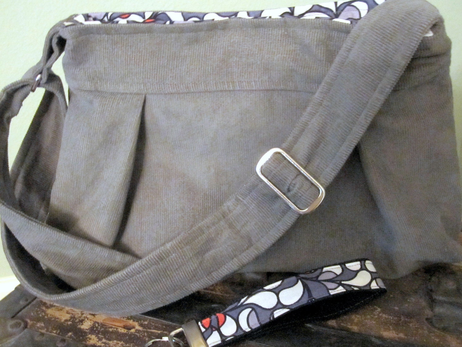 Gray Velvety Corduroy Hobo Pleated Bag including Matching Key Fob