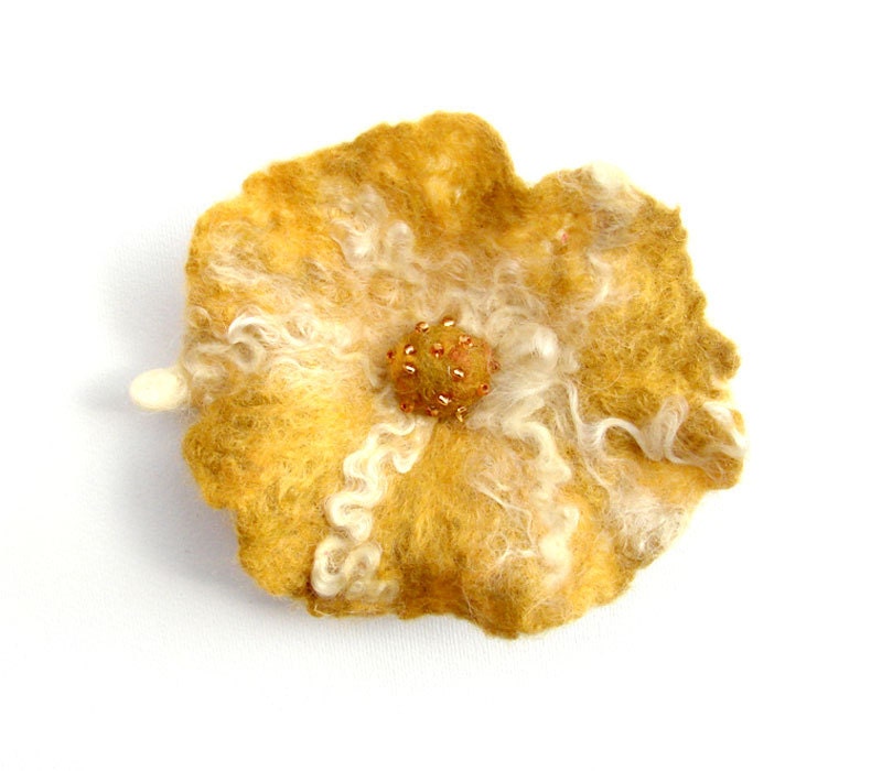 Felted flower pin brooch mustard yellow pumpkin