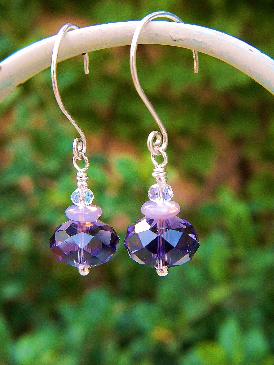 Crystal Violet Earrings //  Purple Crystals, Czech Glass, Swarovski Crystal & Handmade Swirling Sterling Hoops // Aid Hurricane Restoration