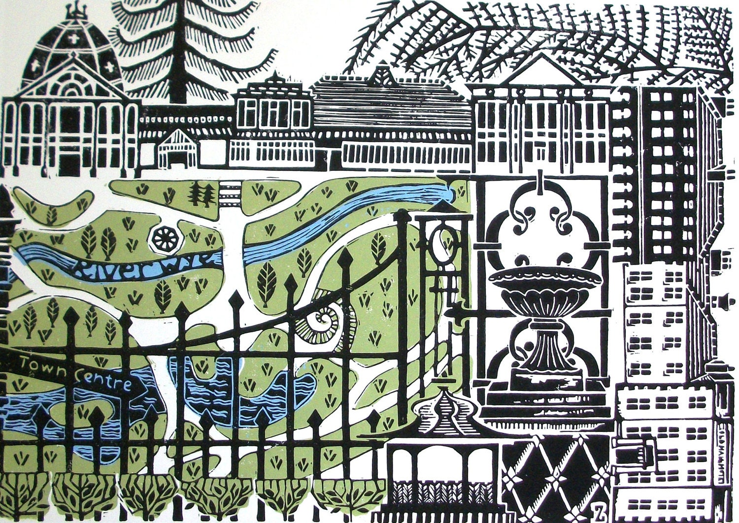 Pavilion Gardens linocut print.