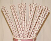 25 Pink Rose DOTTY DOTS Paper Straws, Soft Pink Striped Straws with DIY Flags, Girl Parties, Baby Shower, Birthday
