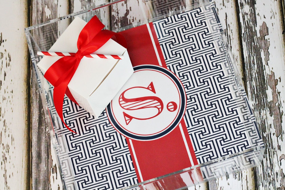 Acrylic Lucite Tray - Greek Key Christmas Holiday 12x12 Tray - By A Blissful Nest - Personalized