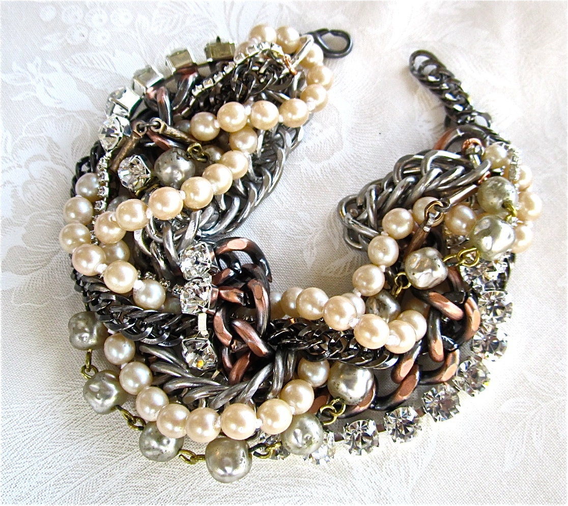 Mixed Metal Bracelet Chunky Chains Copper Crystal Cuff, Pearl & Rhinestone - Heavy Metal Music To My Eyes Bracelet