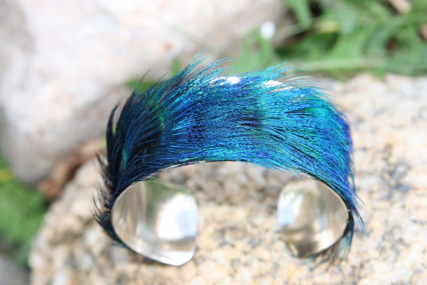 Peacock Feather Cuff Bracelet - Purple, Blue and Green - Genuine and natural feathers