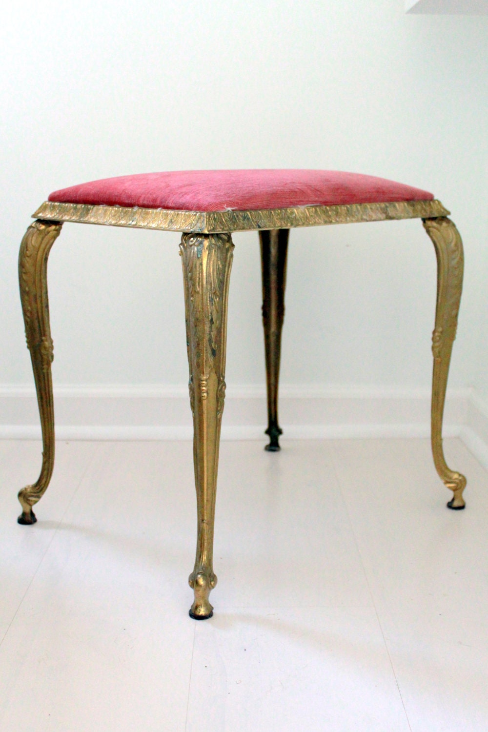 Vintage Pink Ottoman - Vanity Chair - Hollywood Regency Golden Brass Stool
