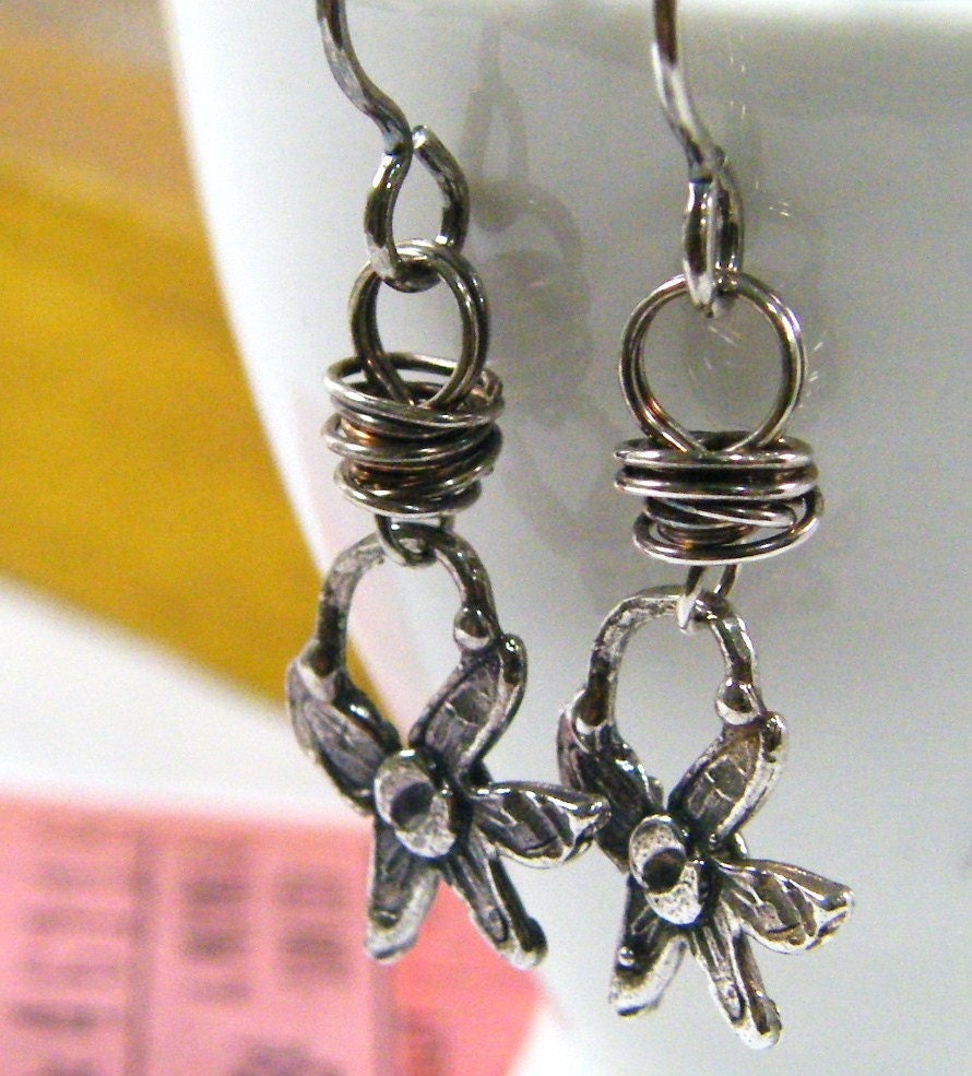 artisan flower drop wire wrap bead oxidized sterling silver dangle earrings 1