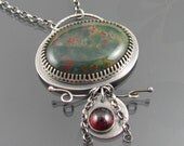 Bloodstone and garnet sterling silver flourish necklace - garnet necklace - bloodstone necklace - sterling silver necklace