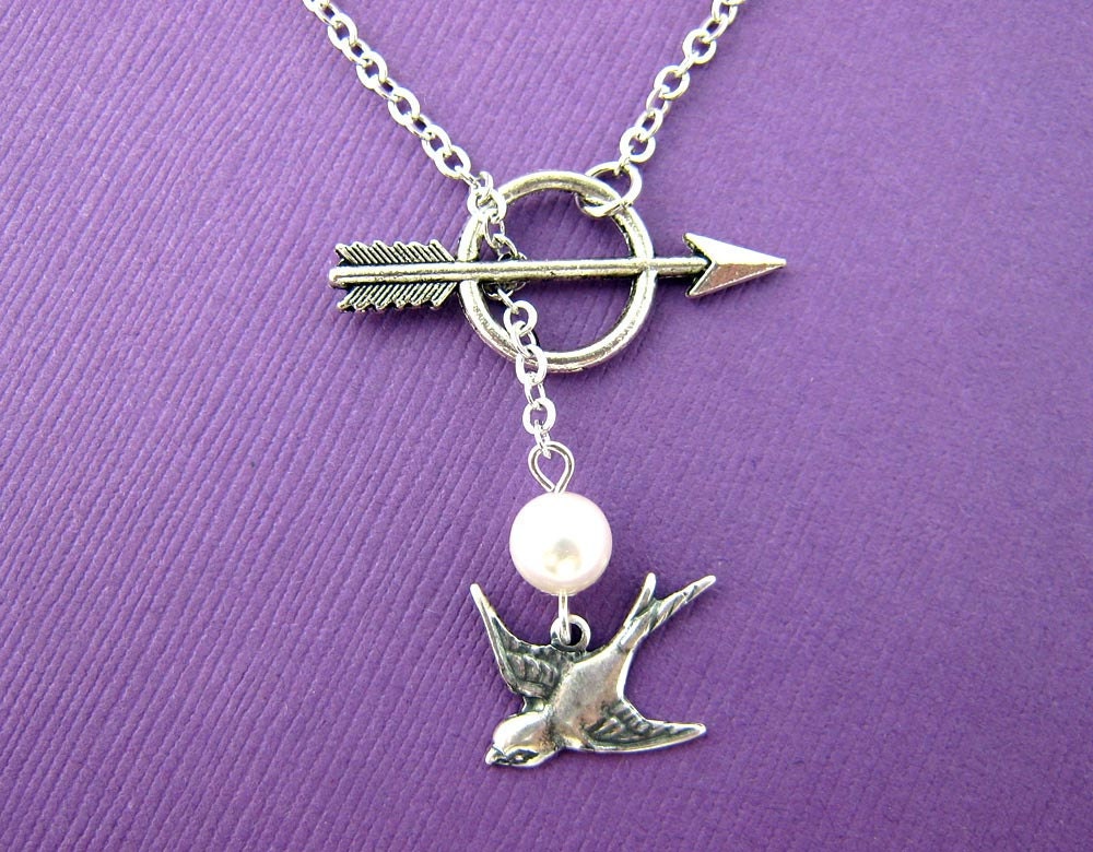 Hunger Games Necklace - Katniss Mockingjay Arrow Pearl Peeta Lariat Chain Silver (F520)