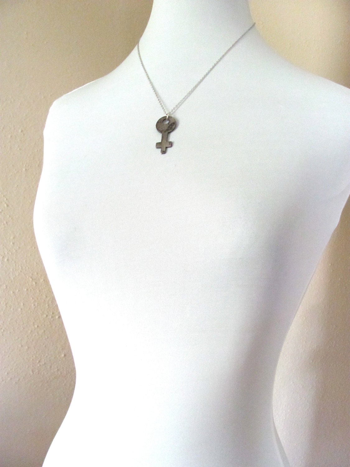 Antique silver skeleton cross key necklace on sterling plated chain, one of a kind