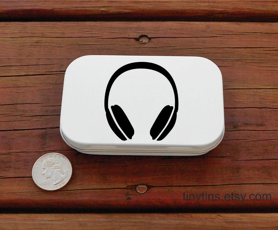 Black headphones earbuds tin - large white altoid hinged tin